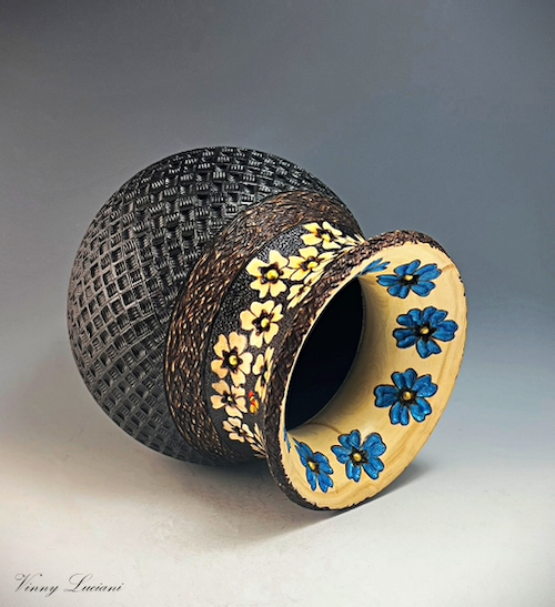 VL-018 Blue Flowers Pot & Bees 6.5 x 7  $900 at Hunter Wolff Gallery